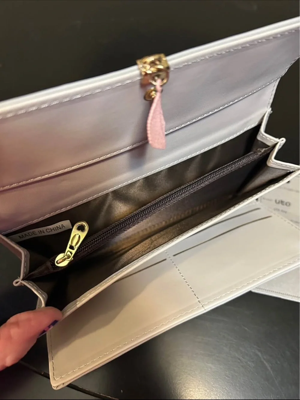 Women's light gray Clutch Wallet with Pink Leaf Charm